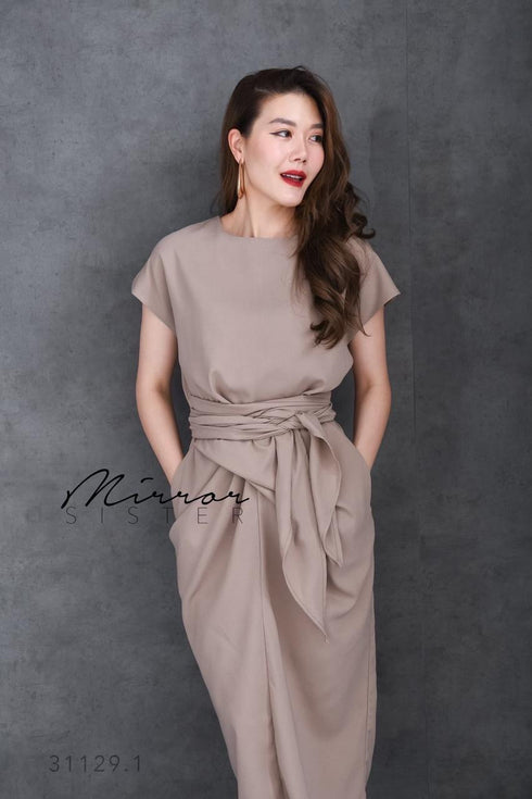 Women Classy Waist Tie Mid Length Back Slit Dresses